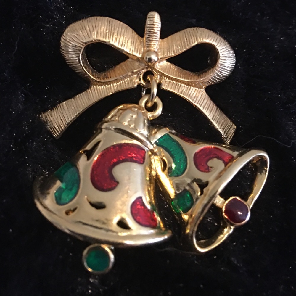 Vintage gold and enamel Christmas bells pin brooch